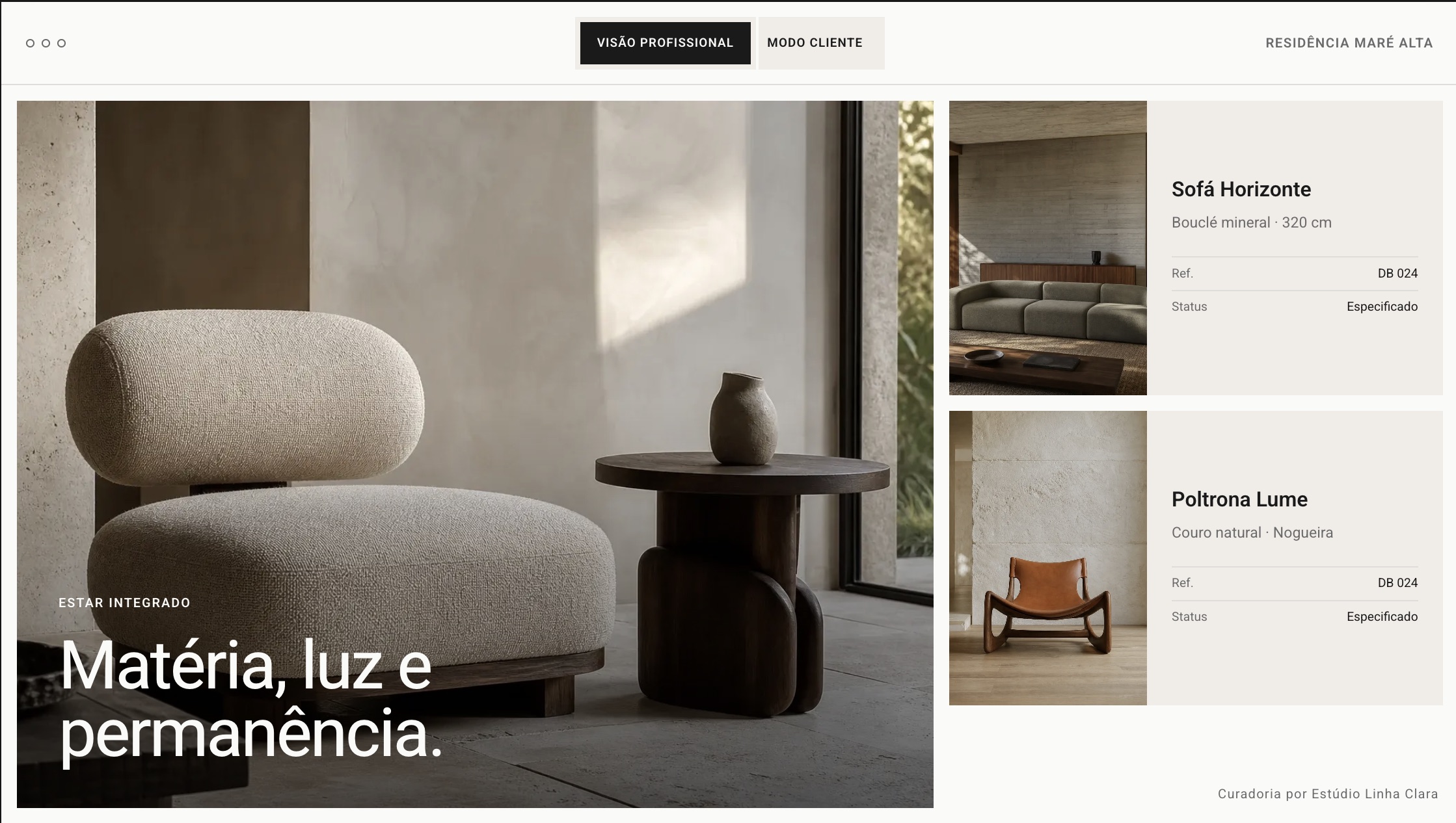 Designbox Club project view with interior photography and specified product cards