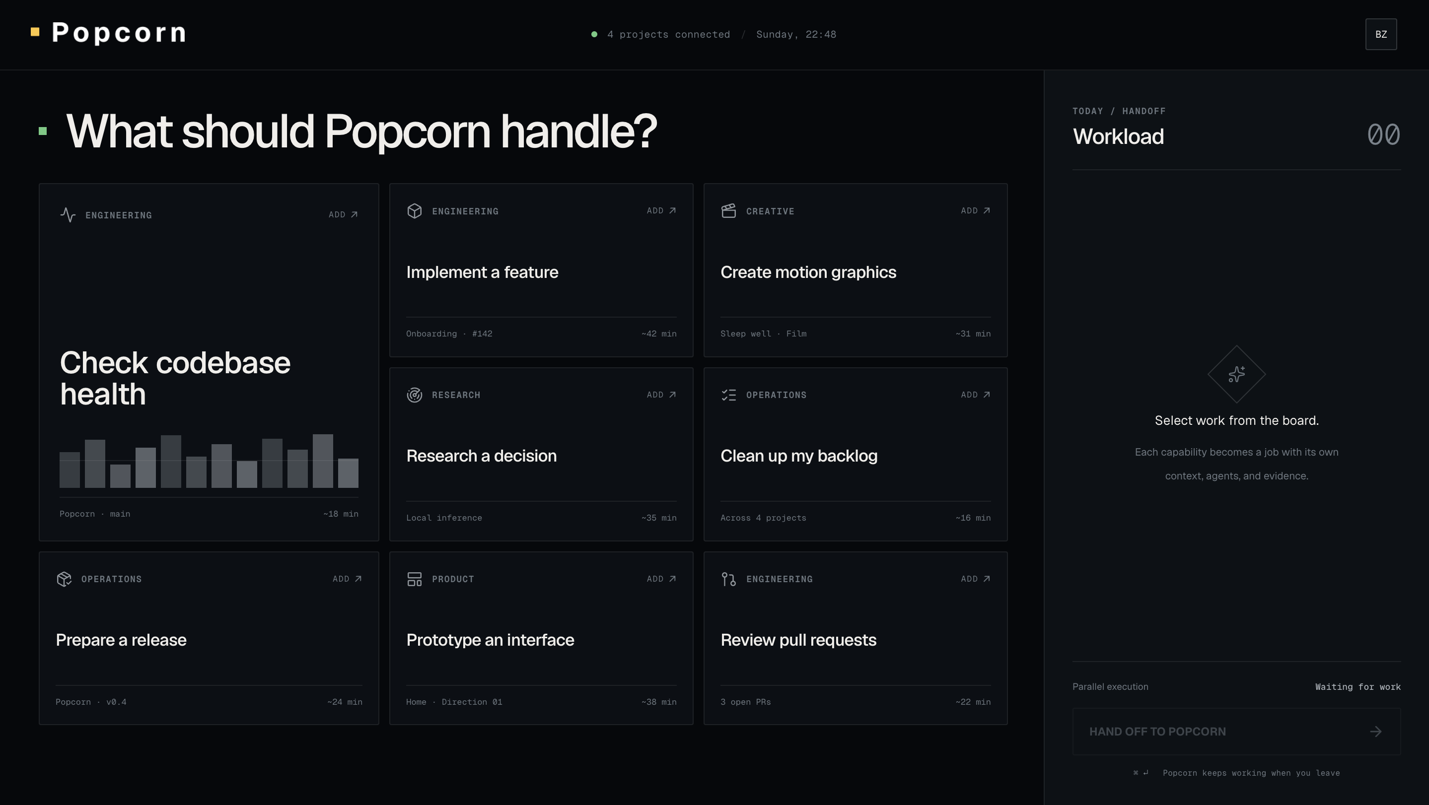Popcorn workspace showing software-development tasks